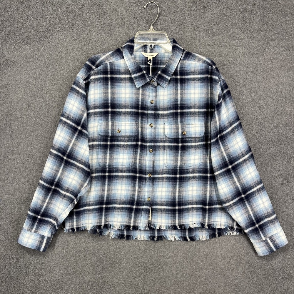 Lucky Brand Top Womens XL Blue Plaid Cropped Button Up Cotton Raw Edge‎ fringe